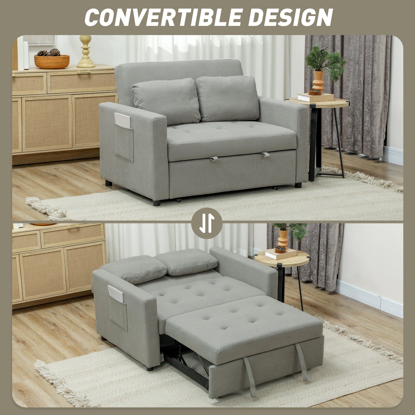HOMCOM Loveseat Sofa Bed Convertible Settee With 2 Pillows And Side Pockets Light Grey