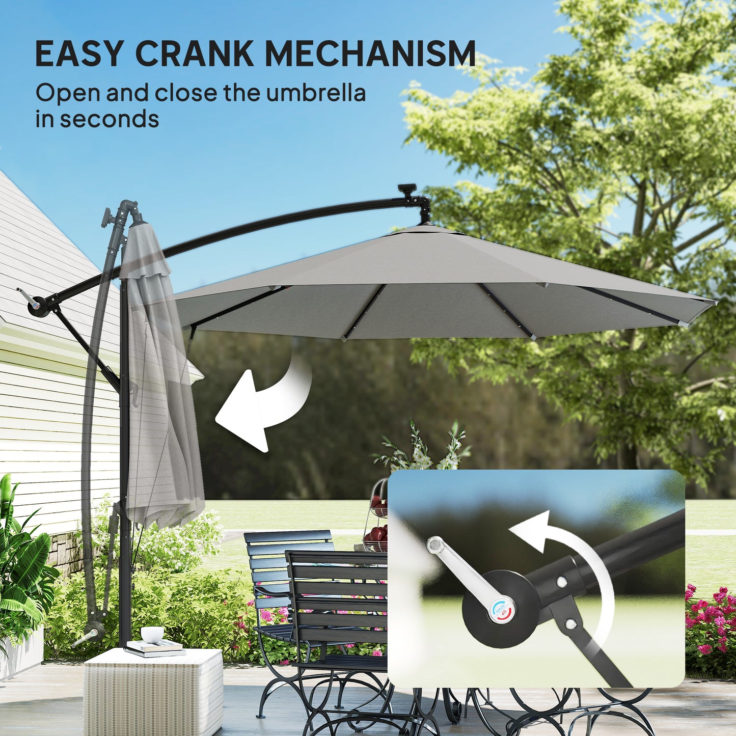 Outsunny 3m Cantilever Parasol With Solar LED Lights Garden Umbrella Cross Base Light Grey