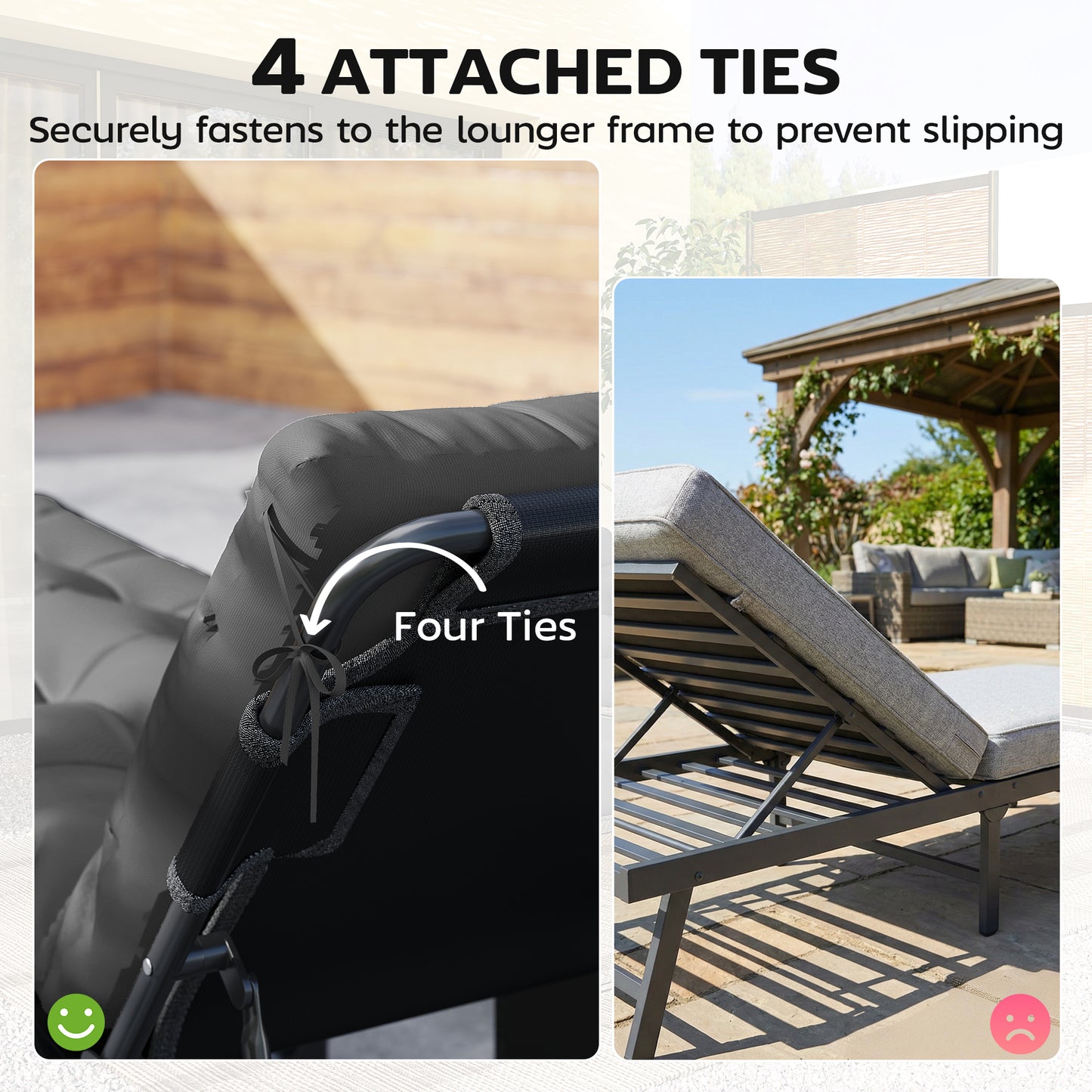 Outsunny Sun Lounger Cushions 2 Pack Replacement Pads With Ties Dark Grey For Garden Lounge Chairs