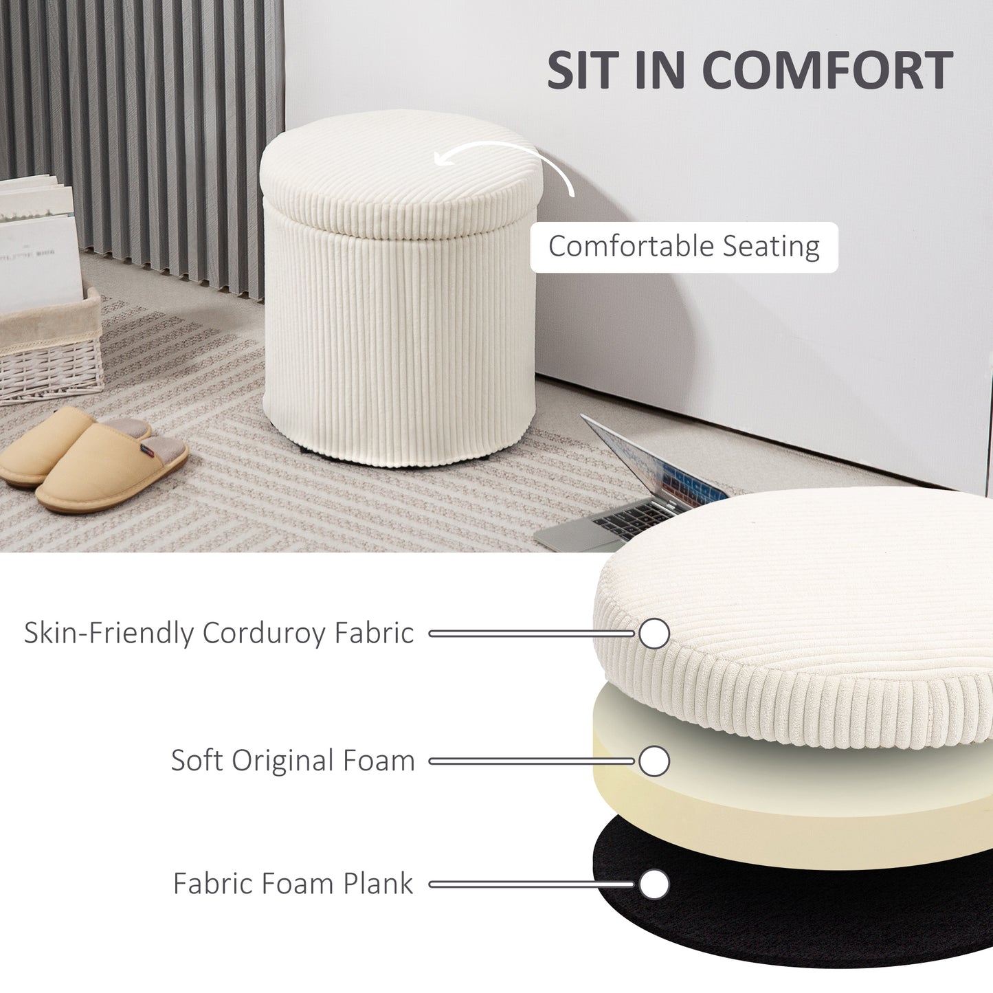 HOMCOM 40cm Round Storage Ottoman With Removable Lid And Legs In Corduroy Beige Vanity Stool And Storage Seat