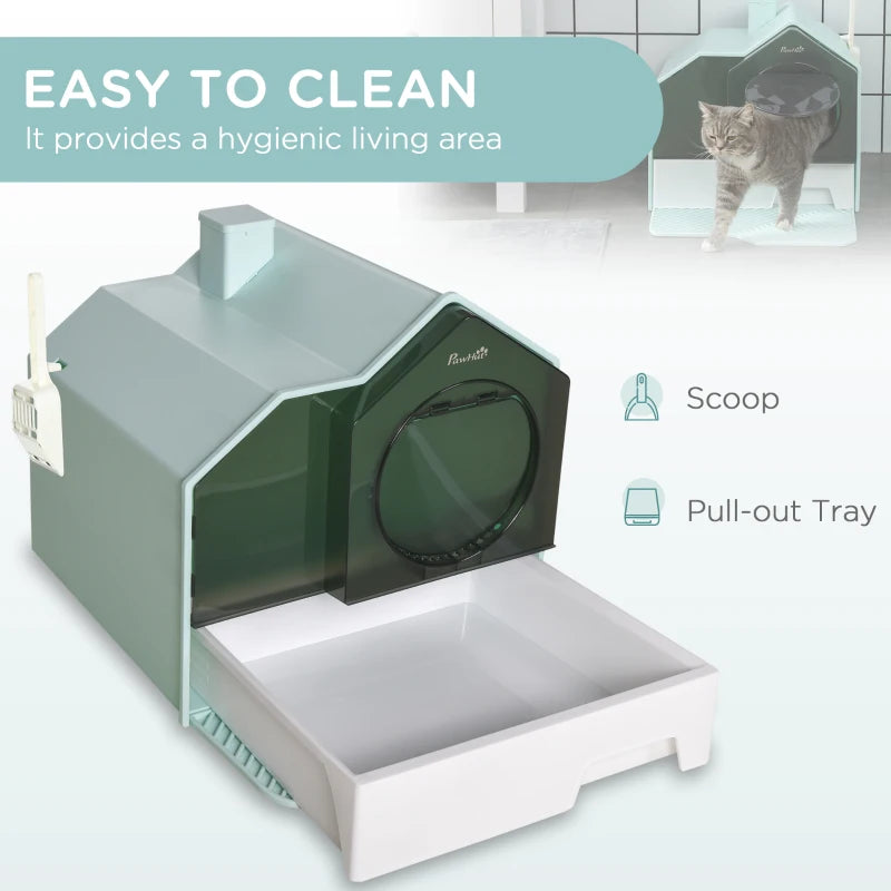 PawHut Hooded Cat Litter Tray with Scoop, Drawer Pan, Handle, Deodorants - Light Blue - ALL4U RETAILER LTD