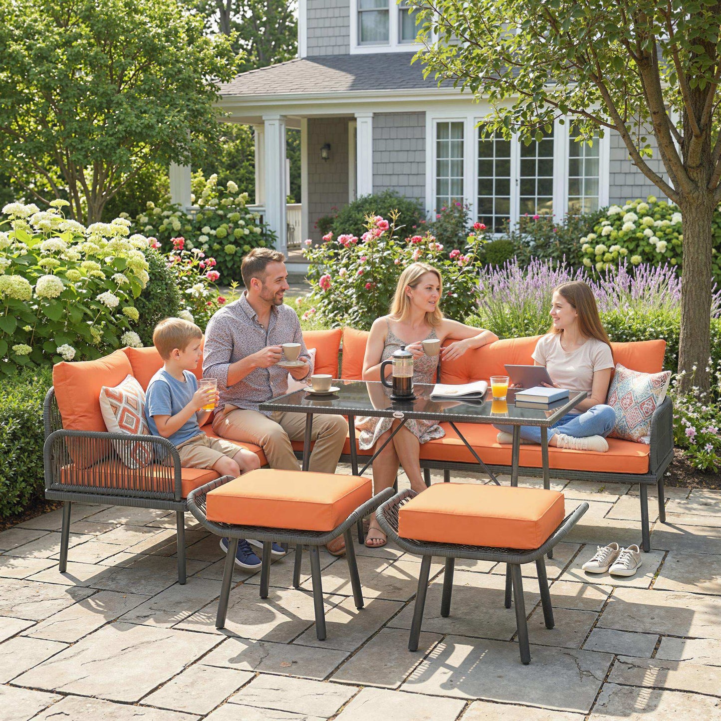 Outsunny 6 Piece Rattan Garden Furniture Set 8 Seater With Corner Sofa Cushions And Glass Top Table Orange