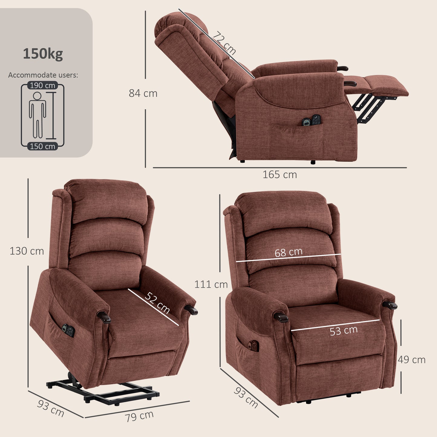 HOMCOM Power Lift Recliner With Vibration Massage And Heat For Tall Users Wood Armrest Pocket Springs Brown