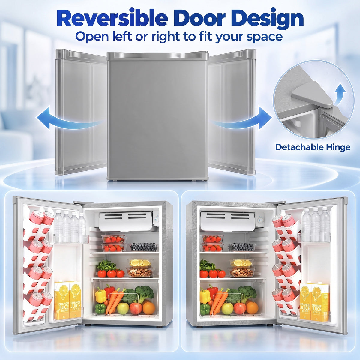 Grey mini fridge showing reversible door concept with detachable hinge