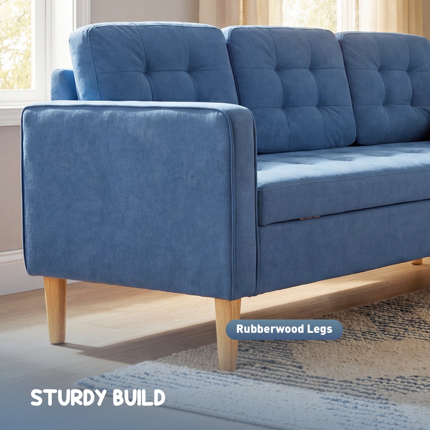 HOMCOM Three Seater Sofa Blue With Hidden Storage And Wood Legs 169cm Couch For Living Room