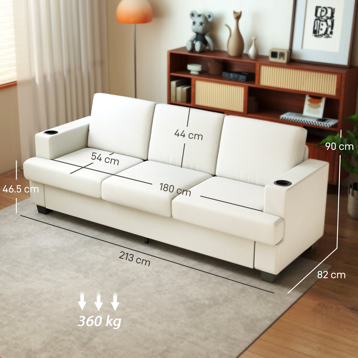 HOMCOM 3 Seater Sofa With USB Ports And Cup Holders Cream White Upholstered In Plush Chenille Fabric