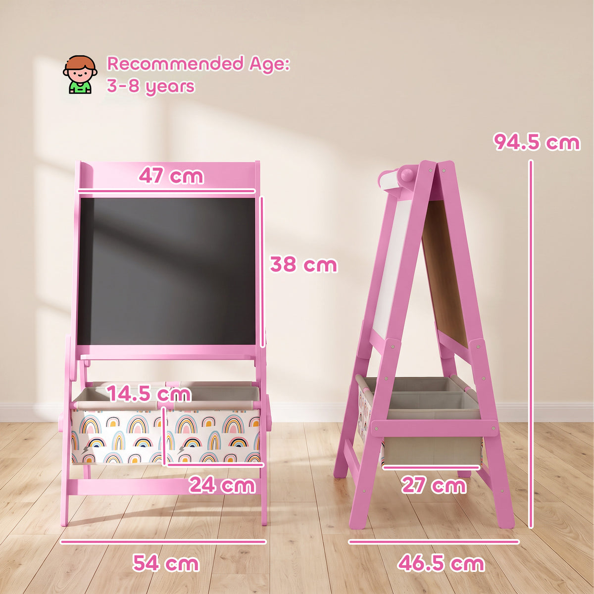 Pink kids art easel with chalkboard surface and sturdy A-frame stand