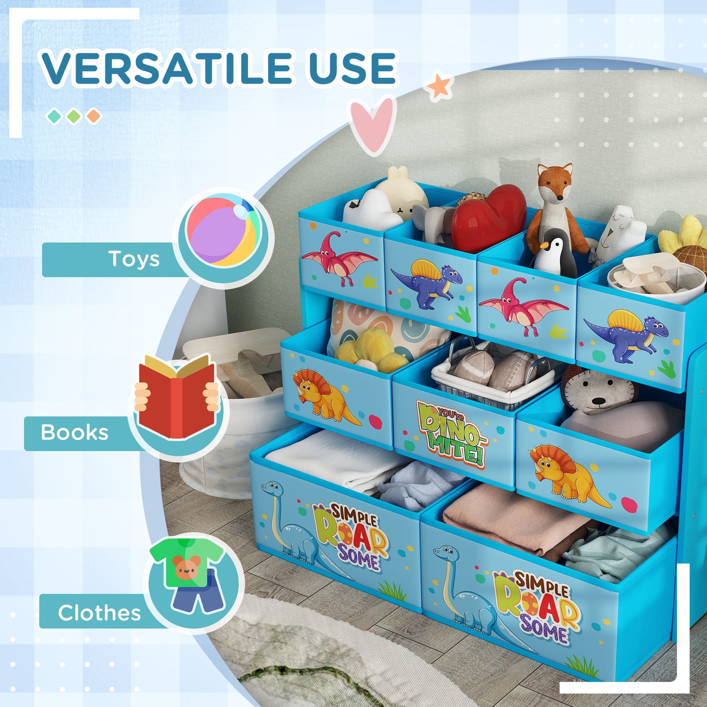 AIYAPLAY 3 Tier Kids Storage Unit With 9 Non Woven Fabric Boxes For Toys And Books In Blue