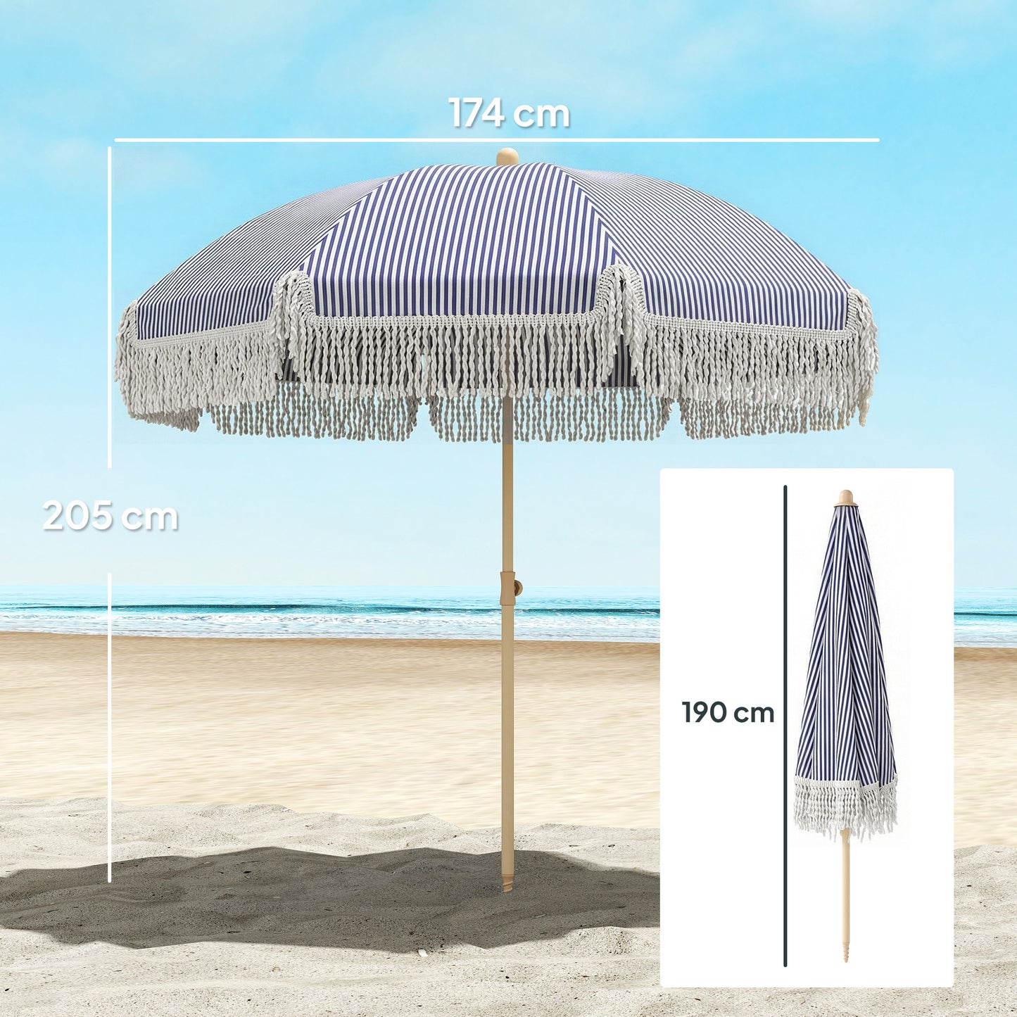 Outsunny 1.7m Beach Umbrella With Sand Anchor And 30 Degree Tilting Adjustable Height Fringed Parasol In Blue