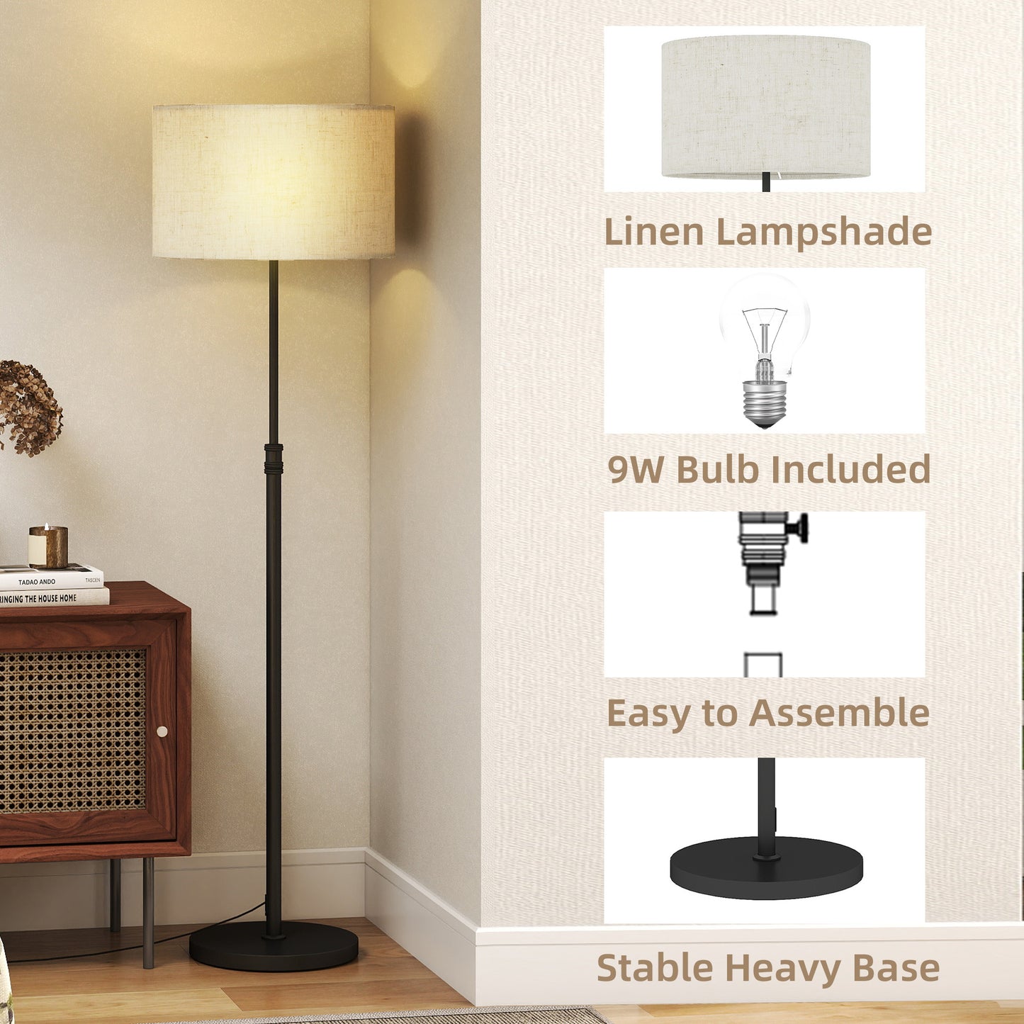 HOMCOM Floor Lamp With Remote Height Adjustable Linen Shade Dimmable 3000K To 6000K Color Temperature Black