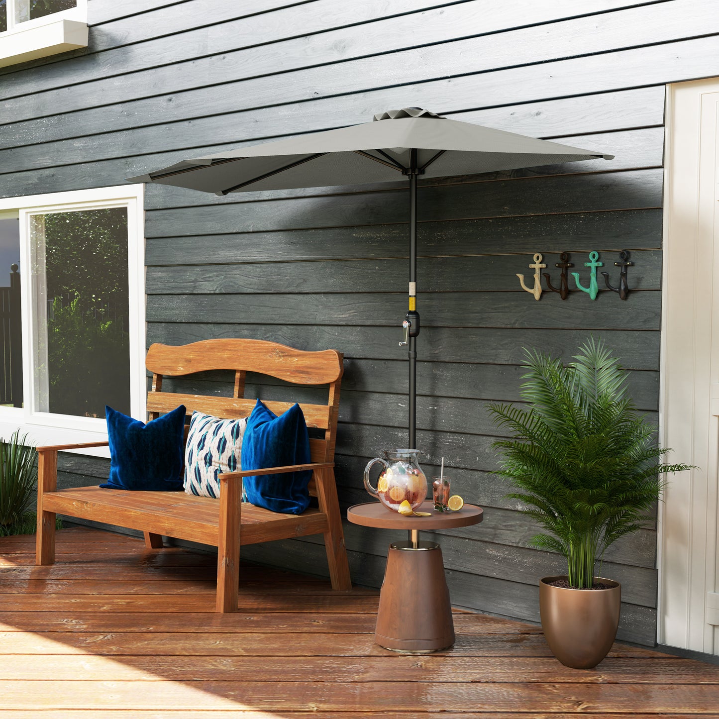 Outsunny Half Round Solar Parasol Umbrella for Balconies and Small Gardens Light Grey
