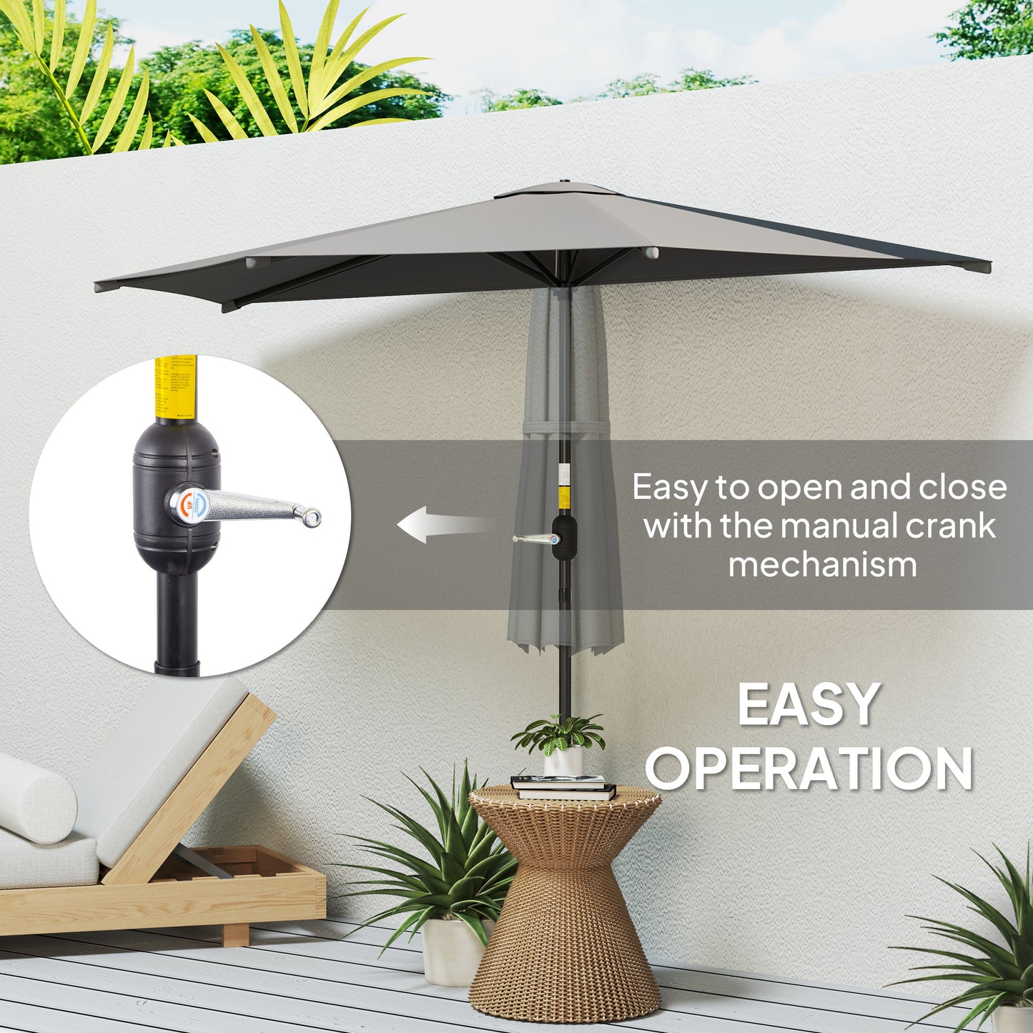 Outsunny 3 Meter Half Parasol Wall Mounted Semi Round Umbrella With Metal Frame Crank Handle Dark Grey