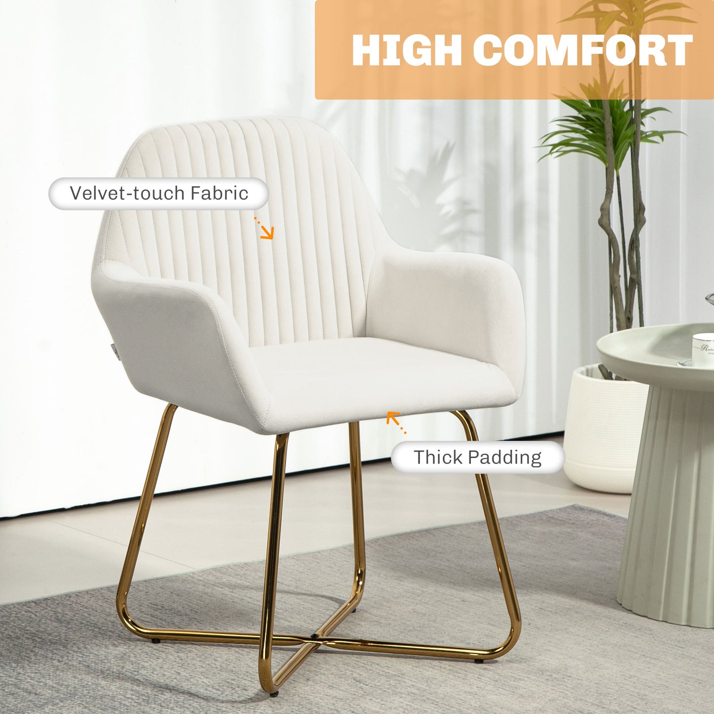 HOMCOM Modern Upholstered Arm Chair Set Of 2 With Metal Base Cream White For Living Room