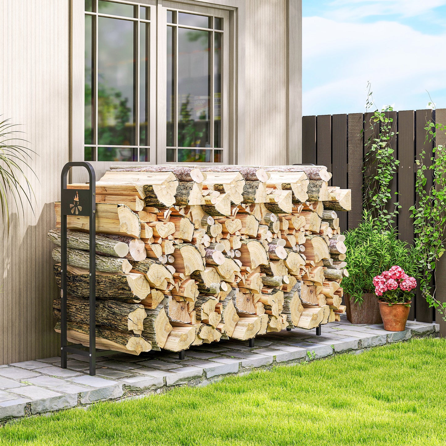 Outsunny 6.5 Ft Steel Firewood Log Rack 300 Kg Capacity Heavy Duty Indoor Outdoor Wood Storage Shelf Black