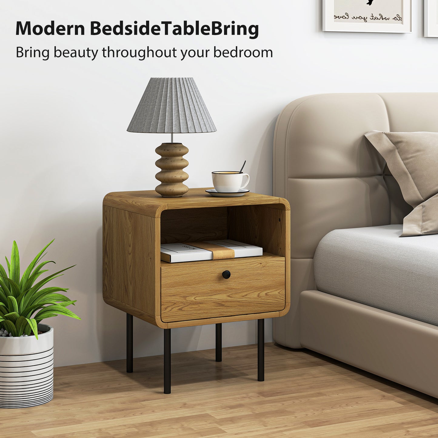 HOMCOM Oak Bedside Table With Drawer And Open Shelf Modern Nightstand For Bedroom Rounded Corner Design