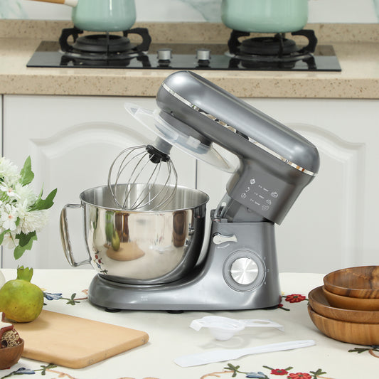 HOMCOM 1300W Stand Mixer With Accessories Six Speeds Pulsation 4.5L Stainless Steel Bowl Silver