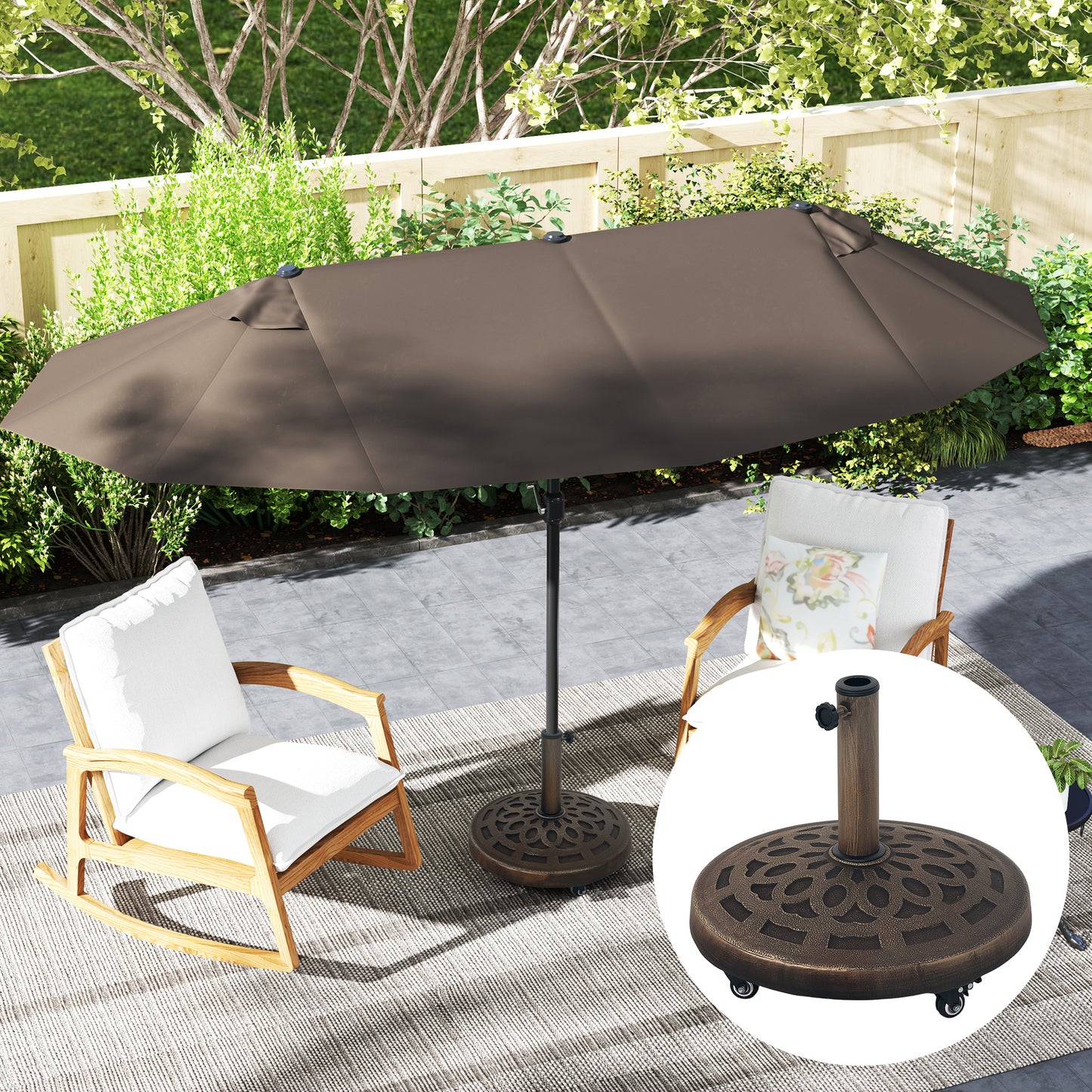 Outsunny 21kg Resin Garden Parasol Base With Wheels Round Umbrella Stand For 32 38 48 Mm Poles Heavy Duty Bronze Tone