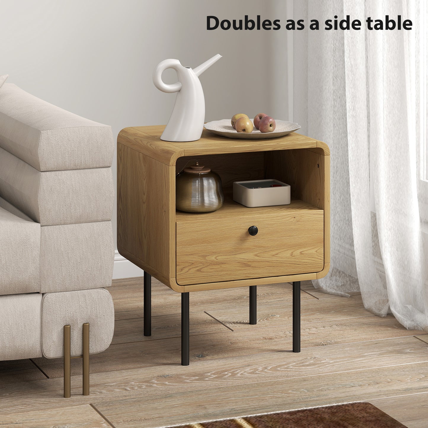 HOMCOM Oak Bedside Table With Drawer And Open Shelf Modern Nightstand For Bedroom Rounded Corner Design