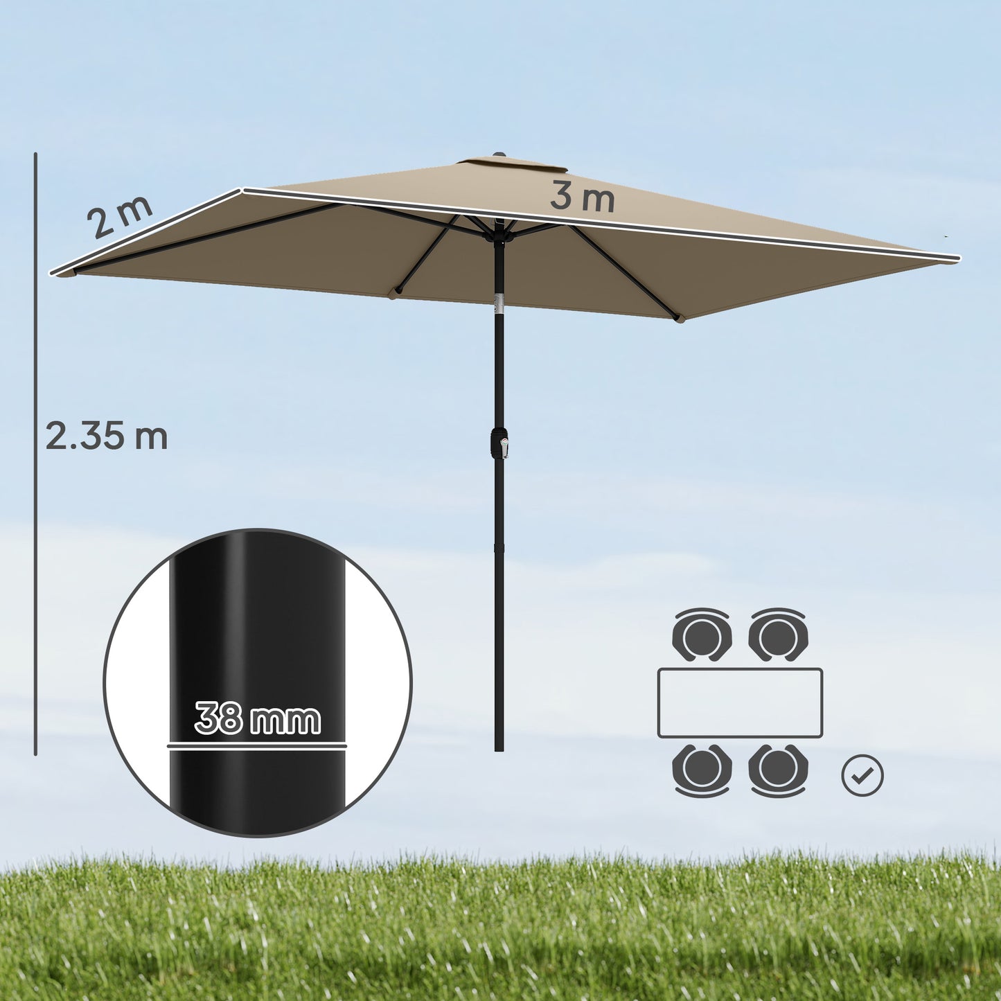 Outsunny Garden Parasol Umbrella With Crank Handle And Tilt Function 180g Polyester Canopy Fade Resistant Khaki