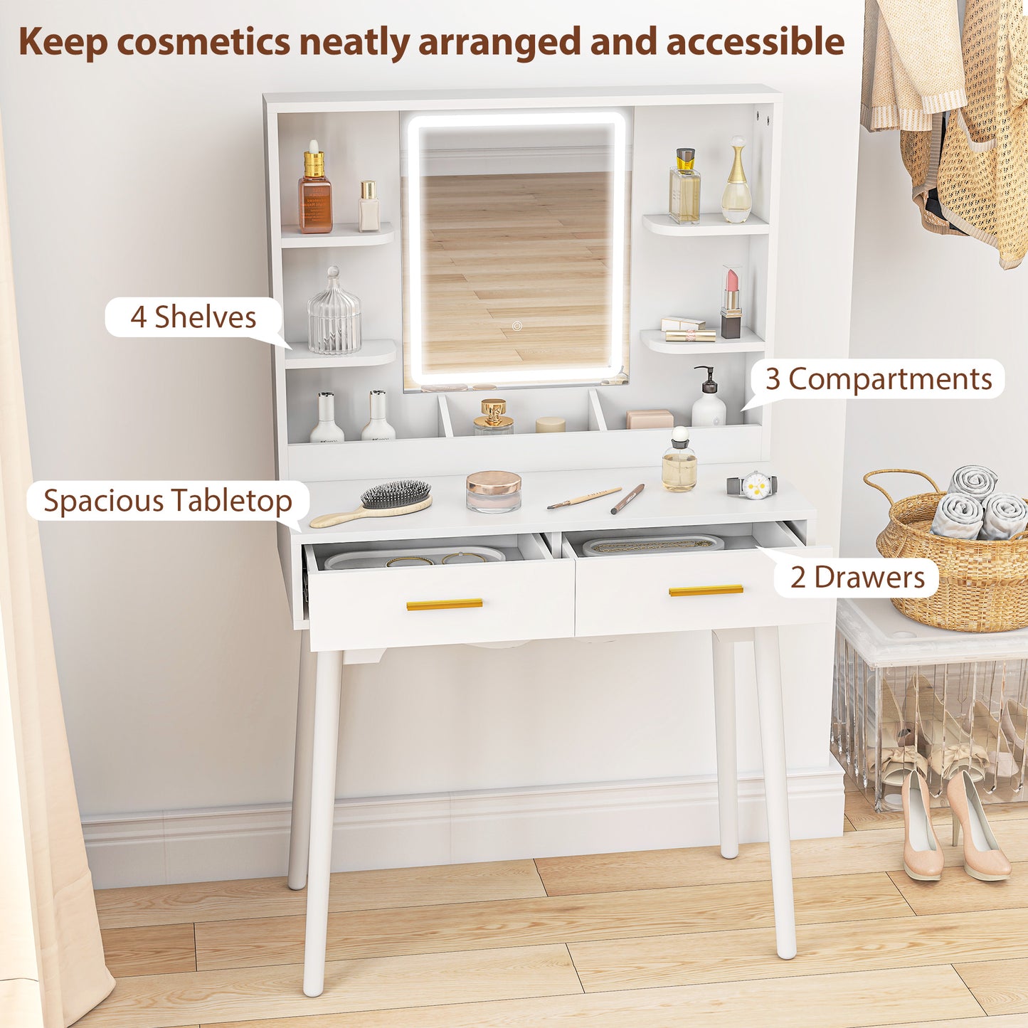HOMCOM Elegant Dressing Table With LED Mirror And Adjustable Color Temperature White Finish