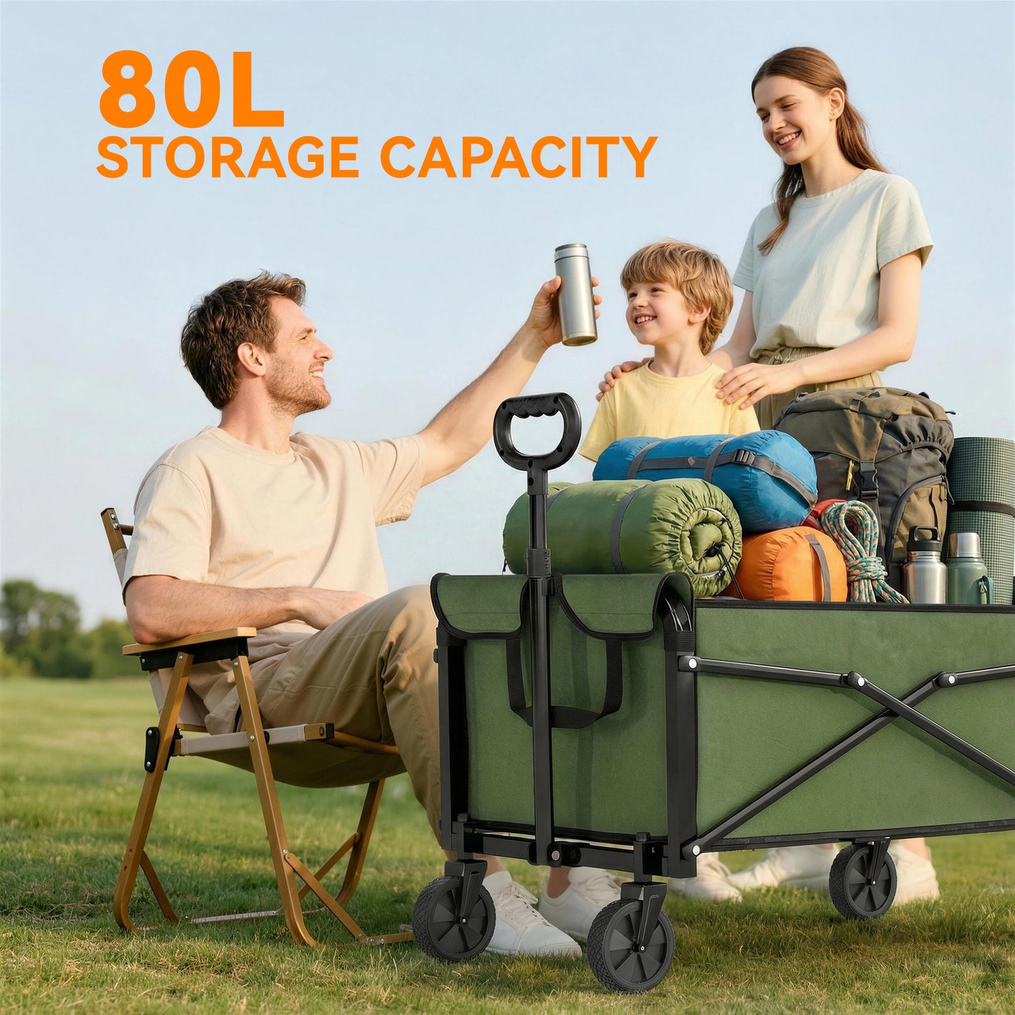 Outsunny Festival Trolley On Wheels 81L Compact Folding Garden Cart With Adjustable Handle Green