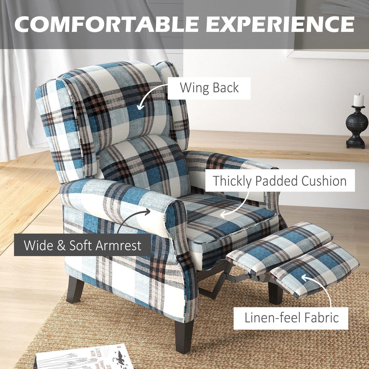 HOMCOM Recliner Chair for Living Room Wingback Chair with Padded Armrest Blue - ALL4U RETAILER LTD