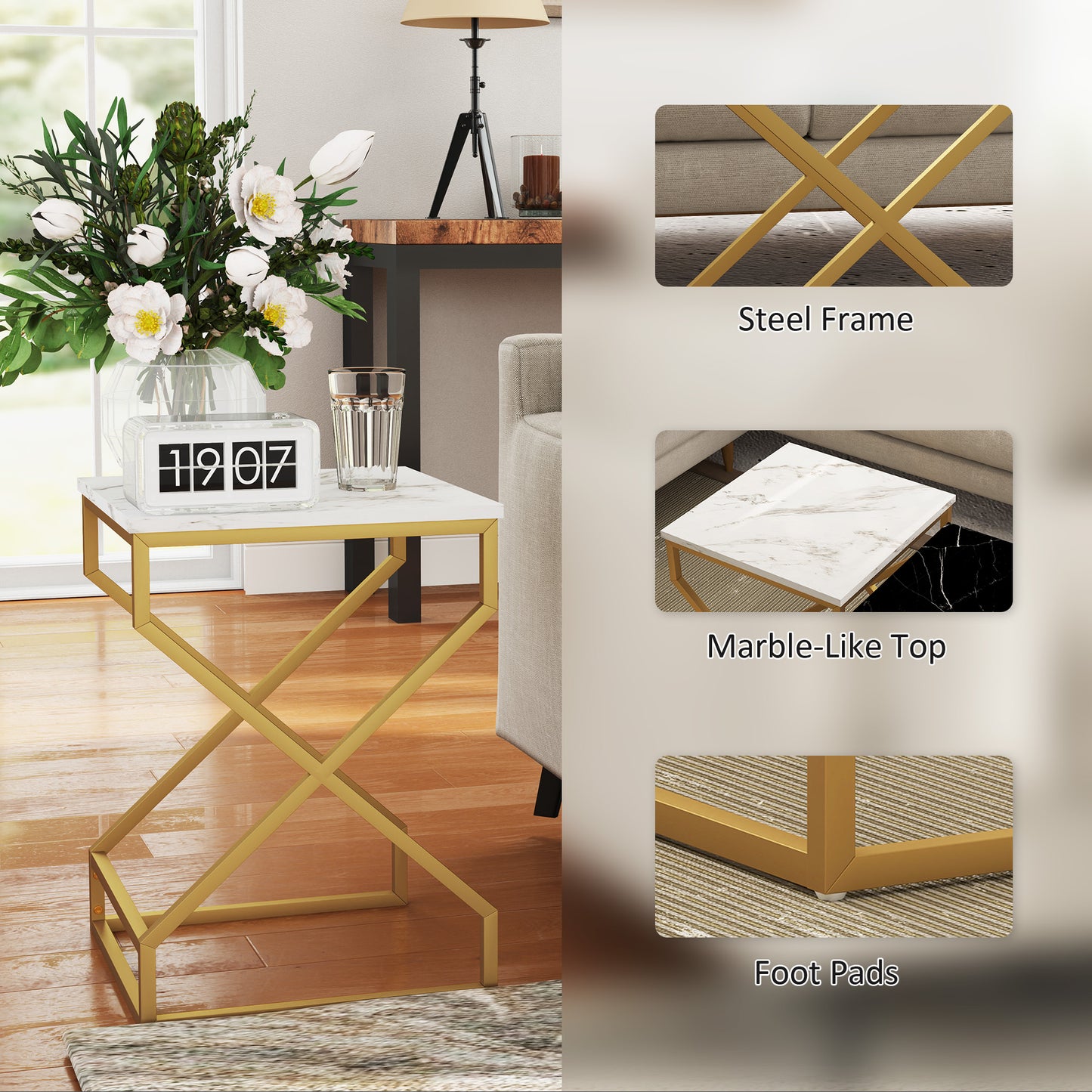 HOMCOM Marble Effect Nesting Tables Set Of Two With Gold Steel Legs For Space Saving