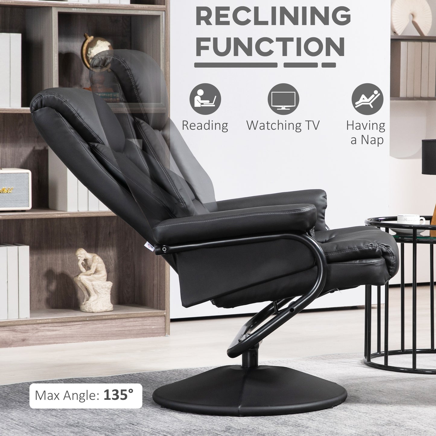 HOMCOM Swivel Recliner Chair With Ottoman In PU Leather With Steel Base For Living Room Bedroom Office Black