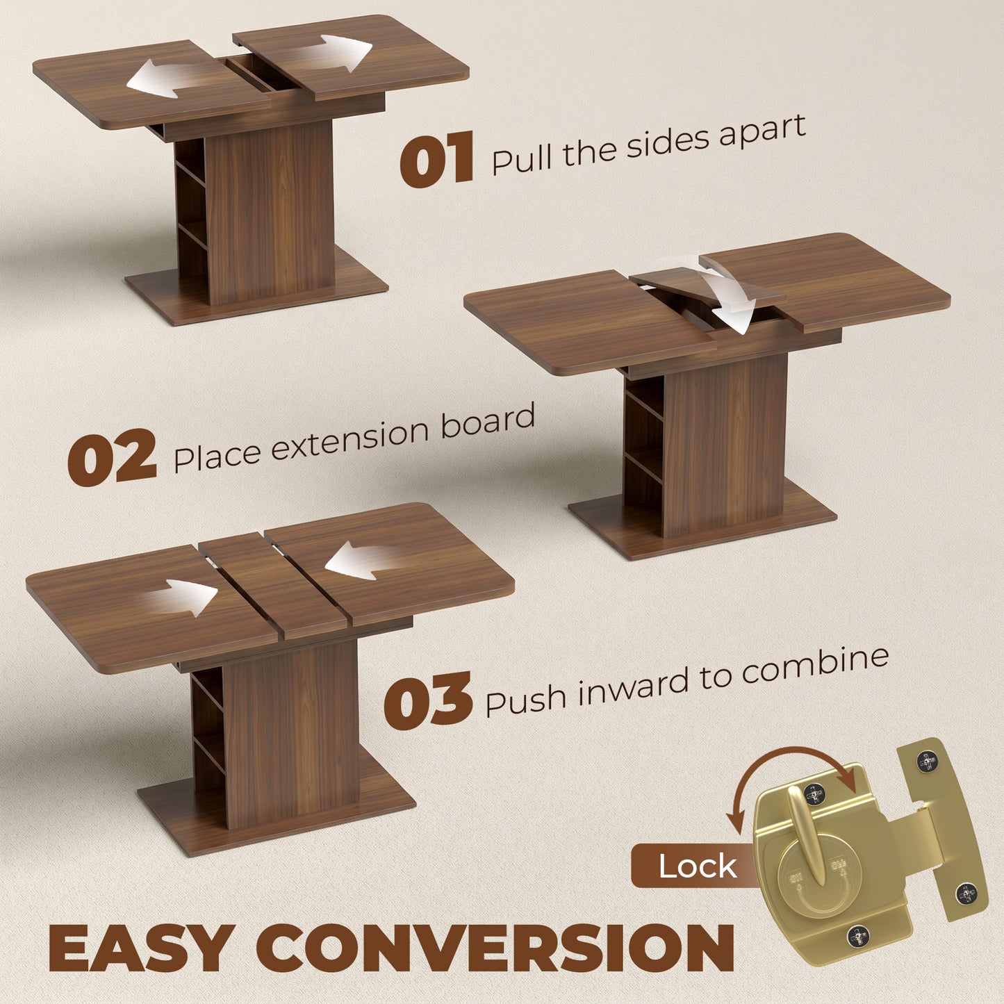 HOMCOM Extendable Dining Table 110 to 130 cm for 4 to 6 People with 6 Open Shelves Walnut Brown