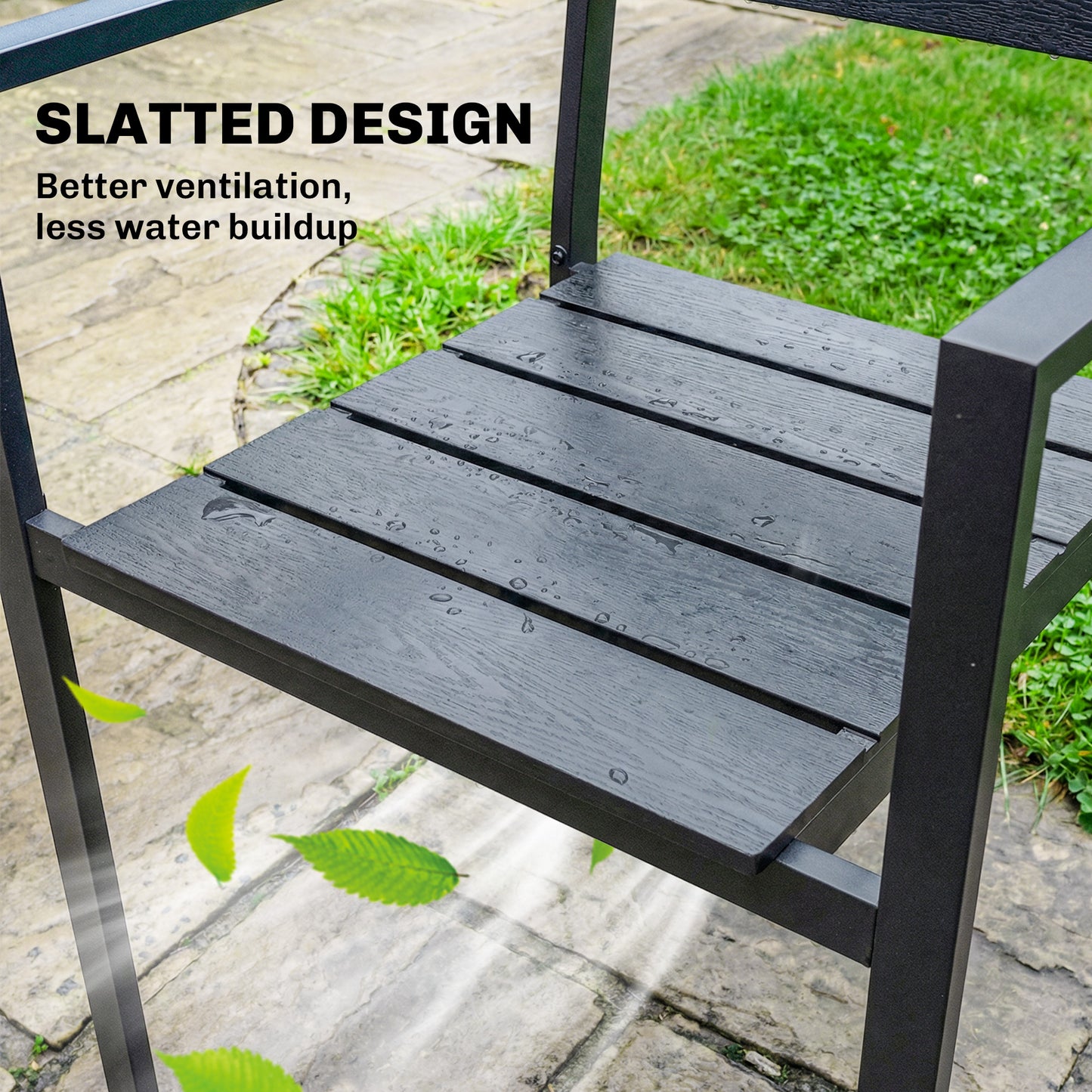 Outsunny Stackable Garden Chairs Set Of 4 Dining Chairs With Slatted HDPE Seat Back And Armrests Metal Frame Black