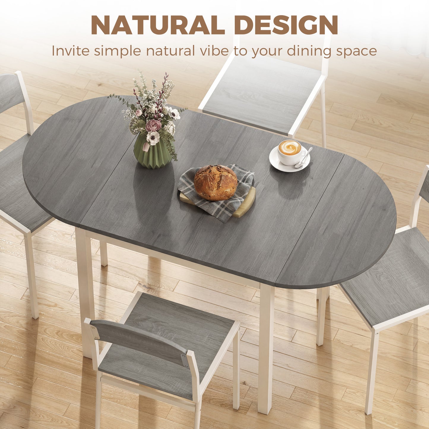 HOMCOM 4 To 6 Person Wooden Drop Leaf Dining Table Grey Finish Extendable Space Saving