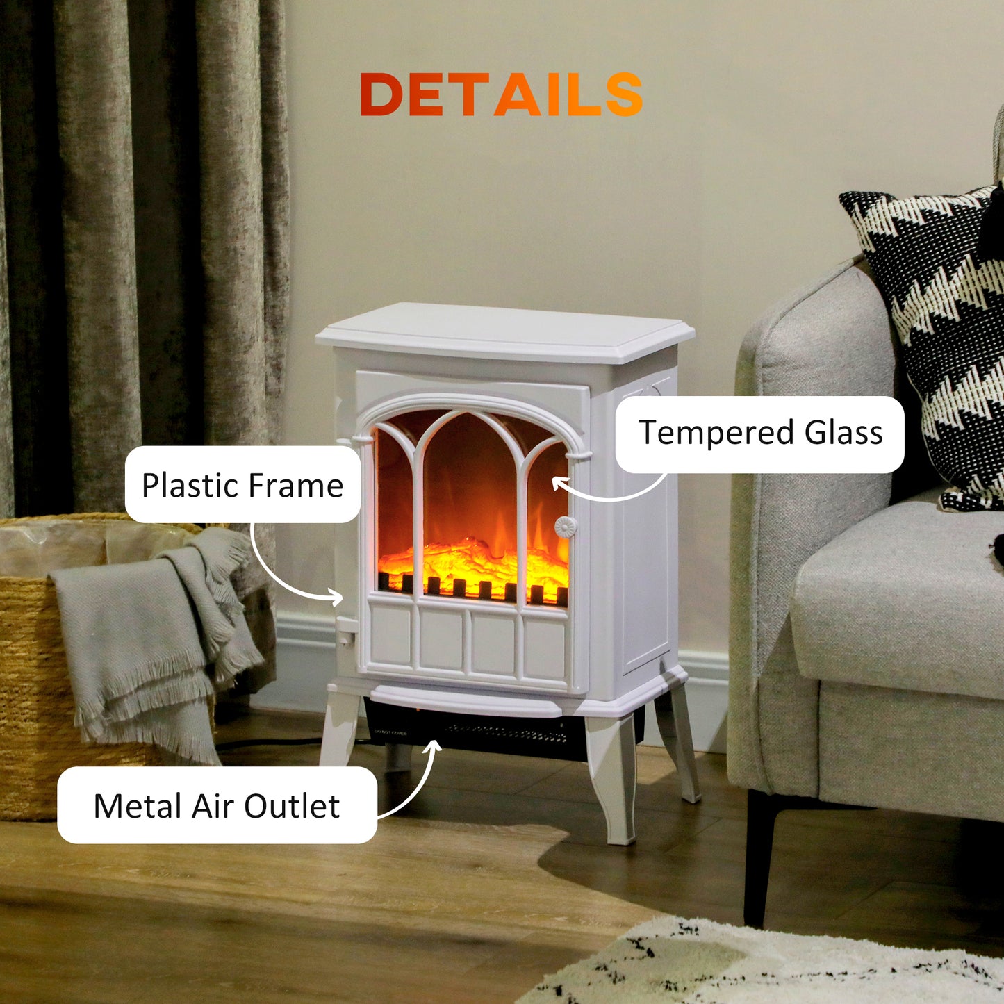 HOMCOM White Electric Stove Heater with Realistic LED Flame and Safety Features