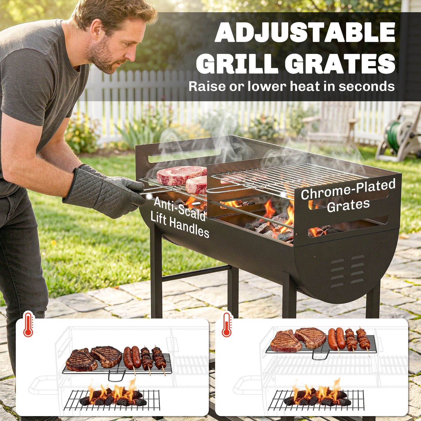Outsunny Charcoal Grill With Dual Cooking Zones Portable BBQ Trolley Wheels Height Adjustable Grates And Bottom Shelf