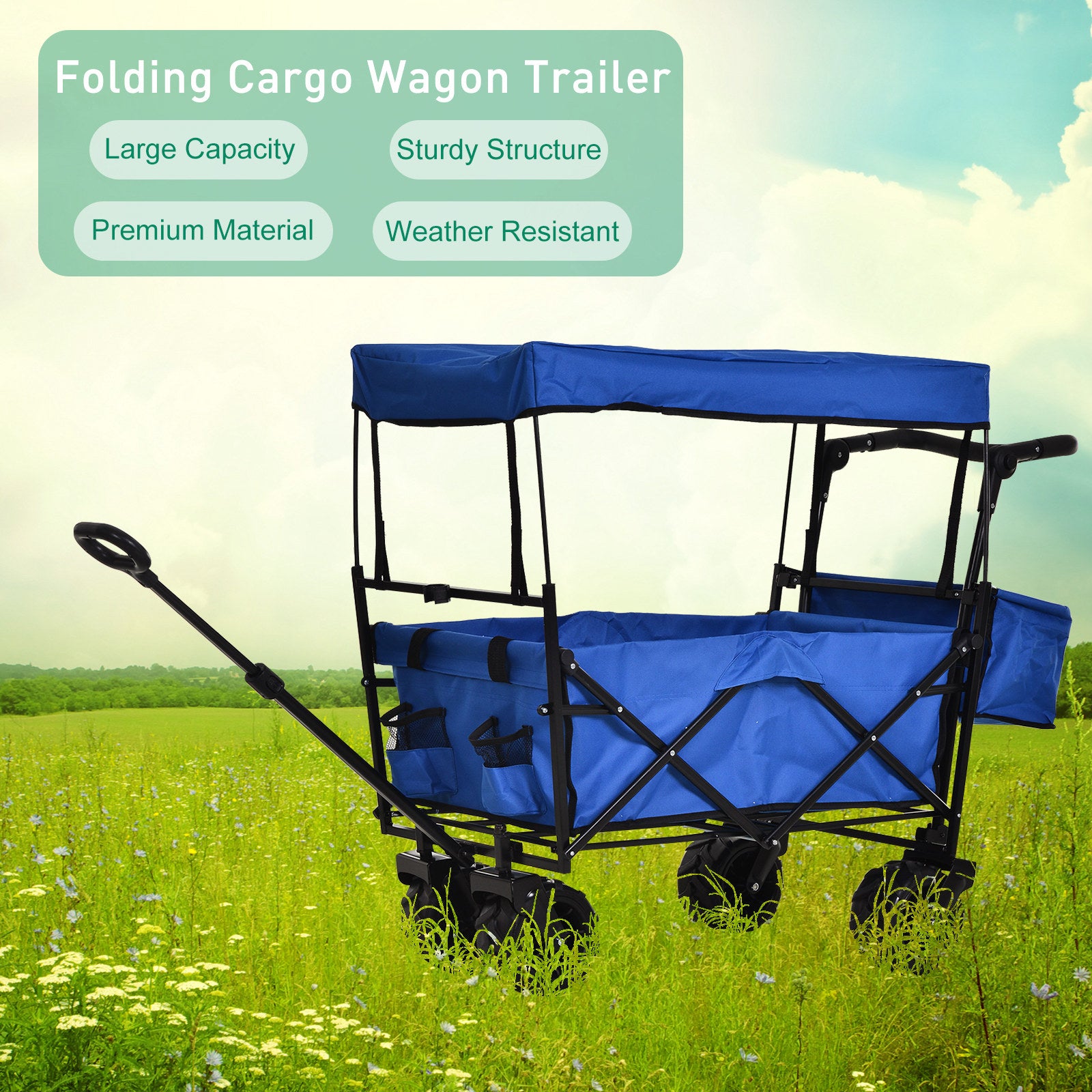 DURHAND Blue Folding Storage Trolley Cart with Canopy and 4 Wheels for Shopping, Camping, and Garden Use - ALL4U RETAILER LTD