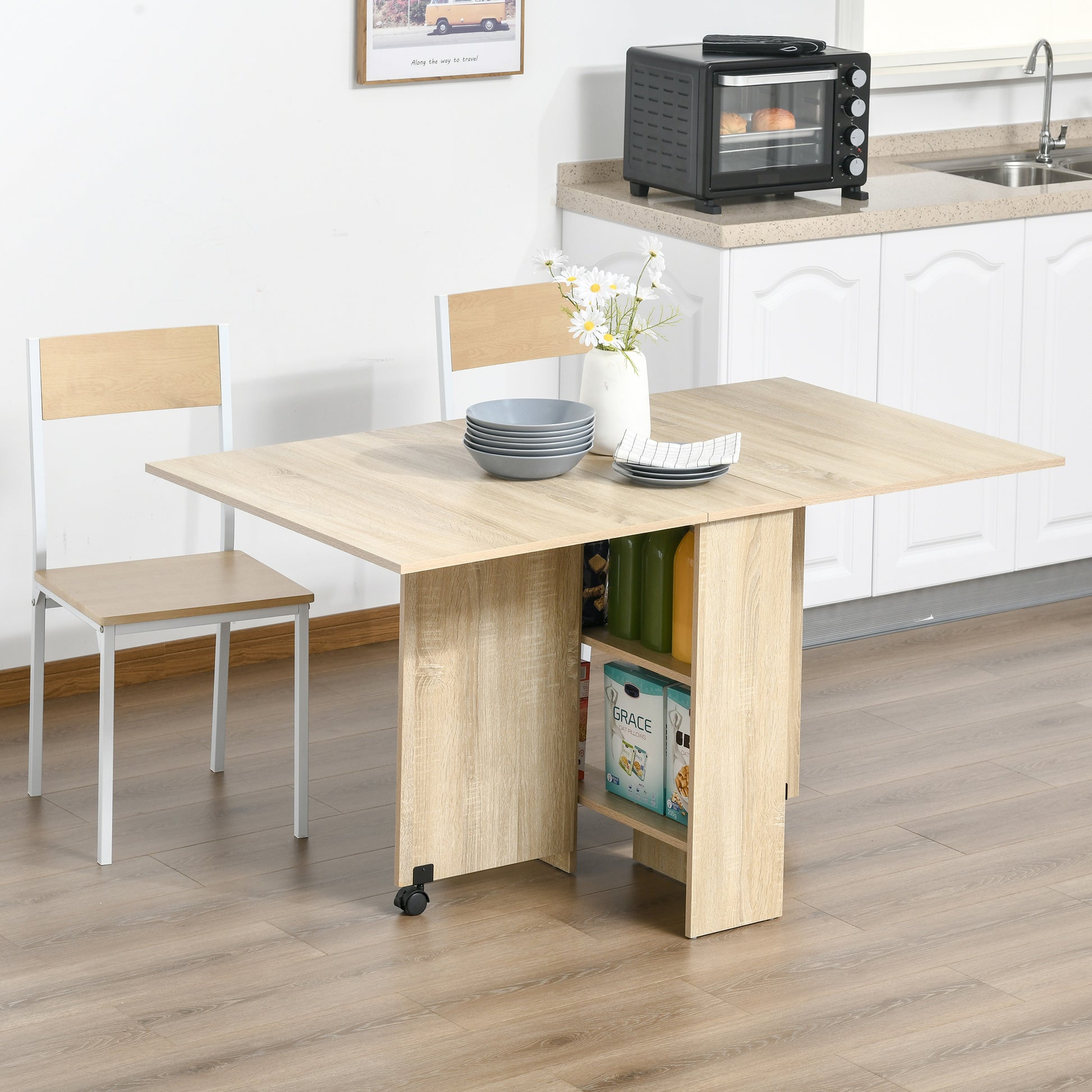 HOMCOM Mobile Drop Leaf Dining Table with Storage Shelves and Wheels - Ideal for Small Spaces - ALL4U RETAILER LTD