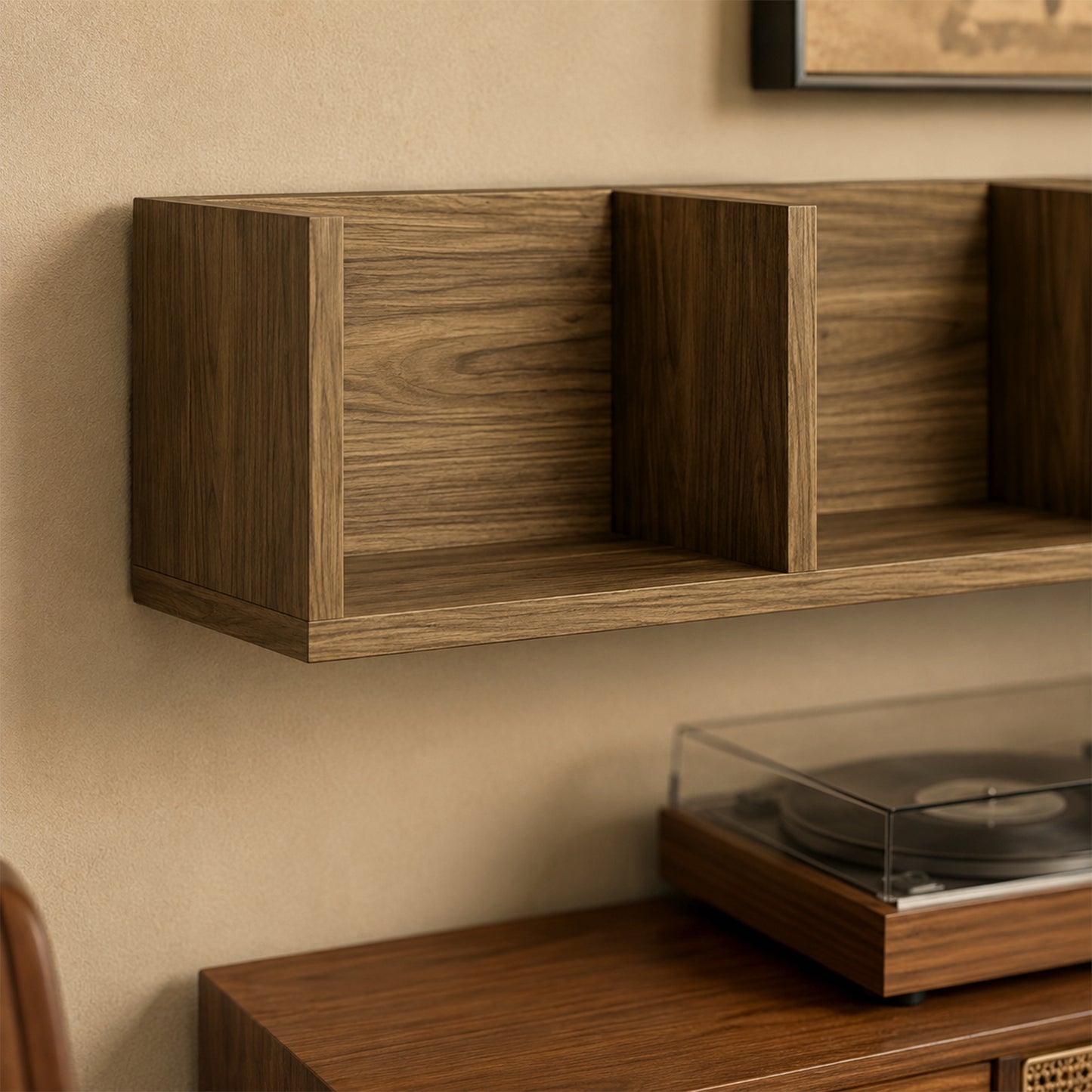 HOMCOM Wall Mount CD DVD Storage Rack Four Cubes Walnut Wood Shelf Organizer Unit