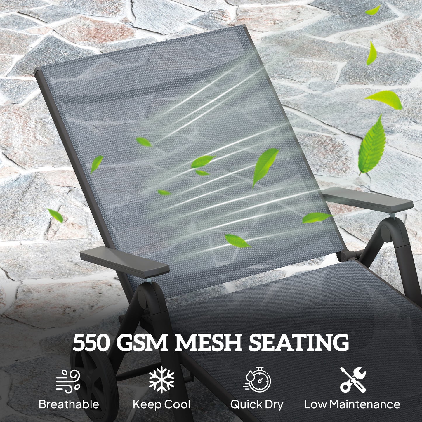 Outsunny Five Position Reclining Sun Lounger Grey Outdoor Garden With Textiline Mesh Seat