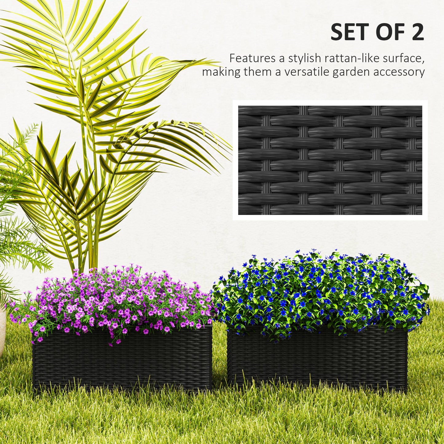 Outsunny Set of Two Rattan Effect Planters Black With Hooks For Balcony Railings And Outdoor Garden Decor
