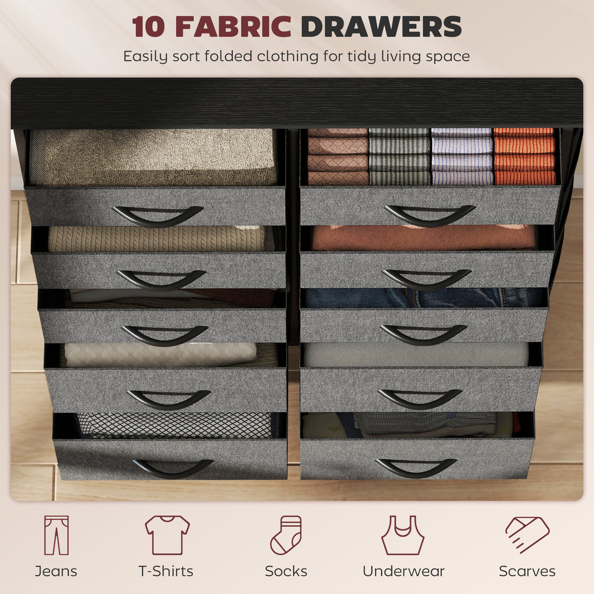 HOMCOM 10 Drawer Fabric Dresser with Steel Frame, 4 Side Pockets and 2 Hooks