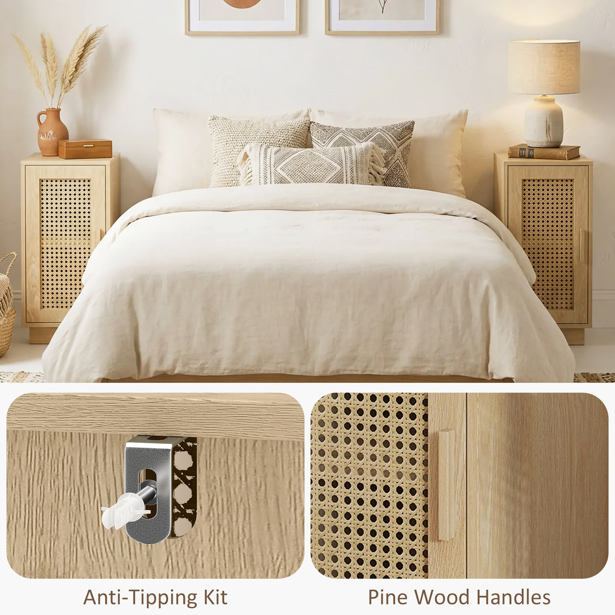 Set of two slim rattan door nightstands with pine wood handles and anti-tipping kit