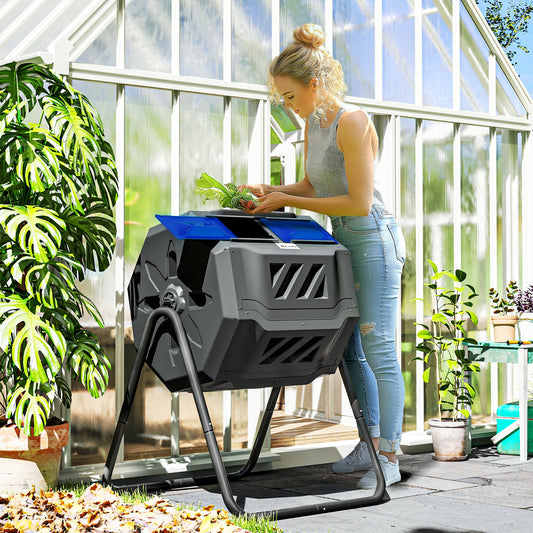 Outsunny 160L 360 Degree Rotating Dual Chamber Composter Blue Durable Plastic Body With Metal Frame