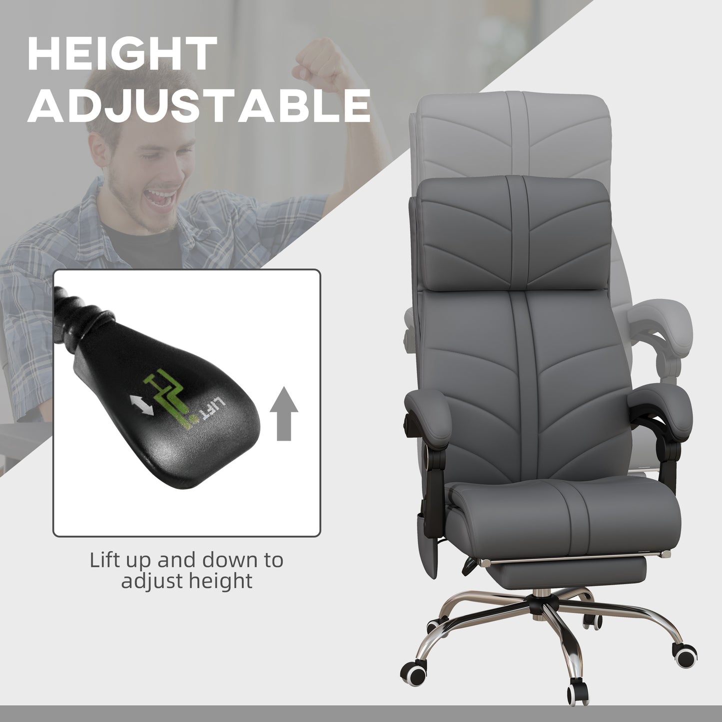 Vinsetto Heated Vibration Massage Computer Chair with Footrest and Reclining Feature in Grey PU Leather - ALL4U RETAILER LTD