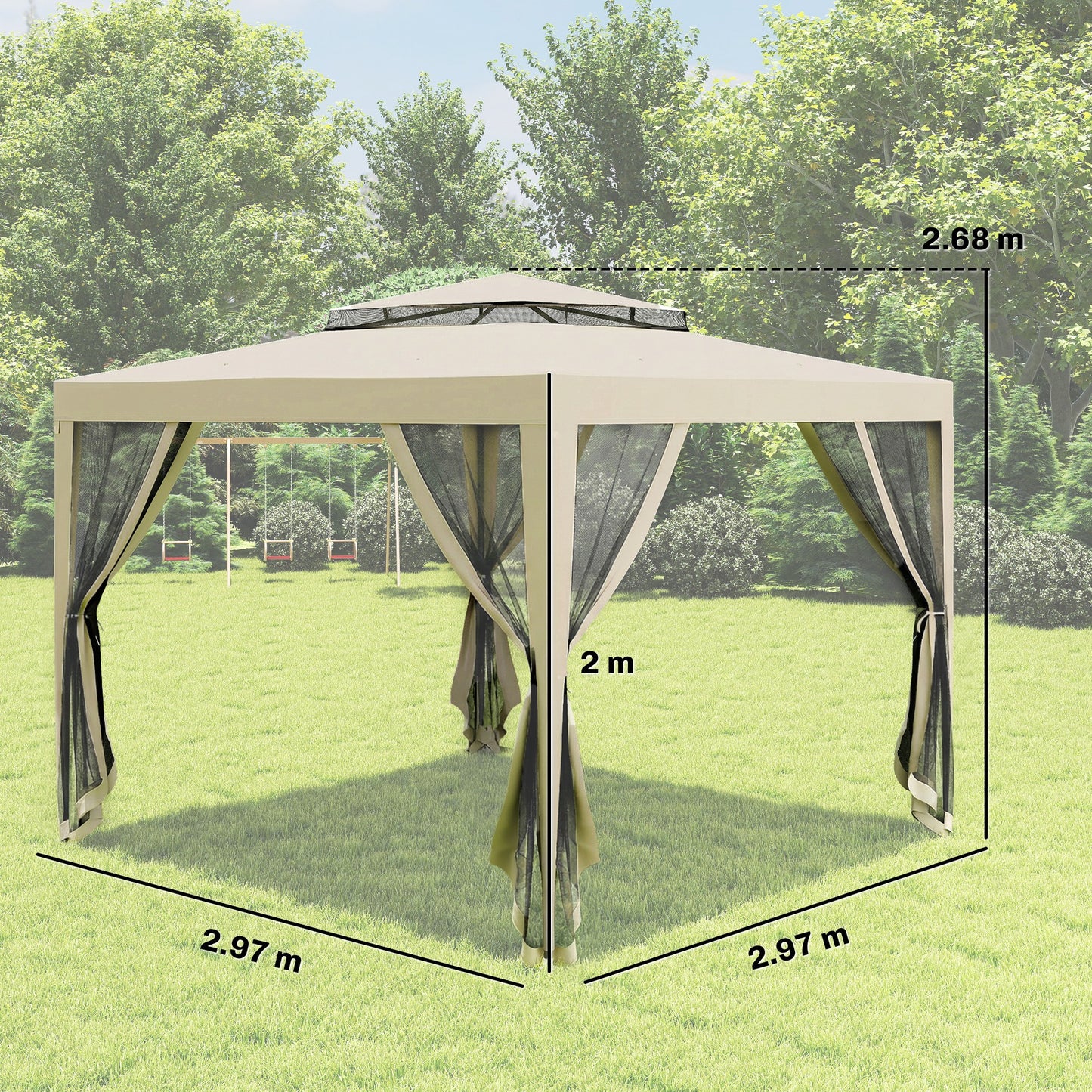 Outsunny 3 X 3 M Gazebo With Netting Party Tent And Double Tier Roof Beige Outdoor Event Shelter