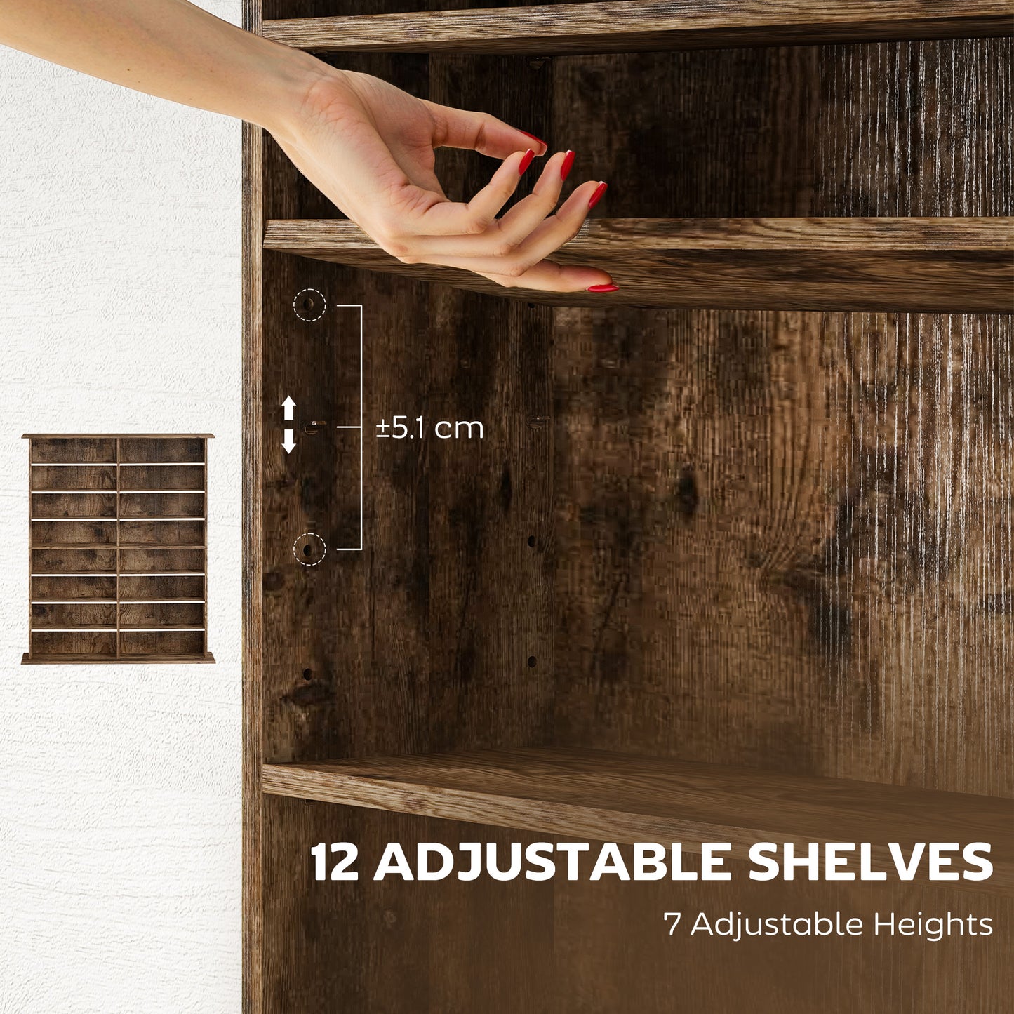HOMCOM 16 Compartment Media Shelf Rustic Brown with Adjustable Shelves Holds 720 CDs 396 DVDs Blu Rays