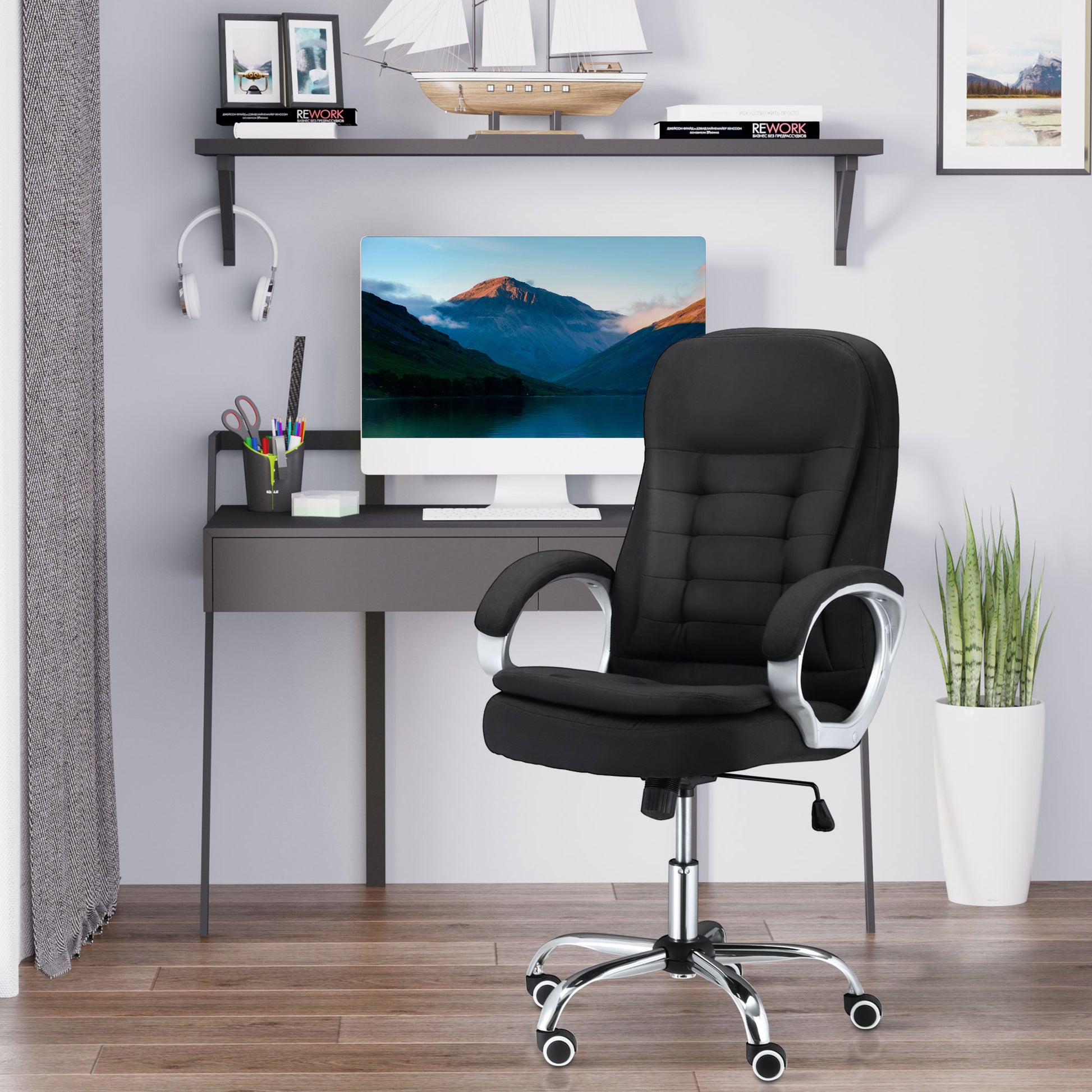 Vinsetto Adjustable Swivel Task Chair with Armrests and Linen Upholstery in Black for Home Office - ALL4U RETAILER LTD