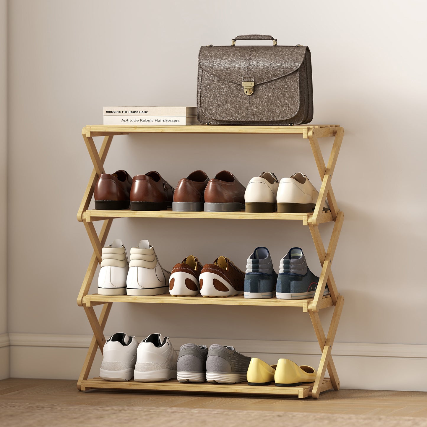HOMCOM Four Tier Folding Bamboo Shoe Rack Natural Finish Space Saving Organizer for Boots and Shoes