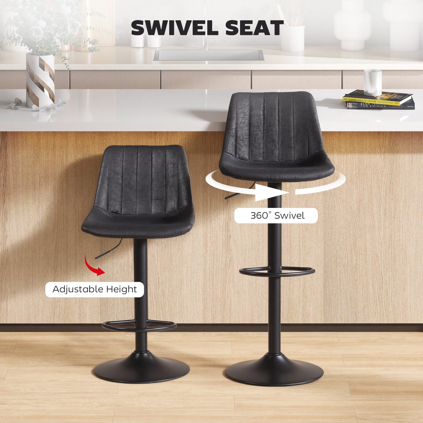 HOMCOM Set Of 2 Tub Bar Stools Black Adjustable Height 360 Degree Swivel Seats With Non Slip Base