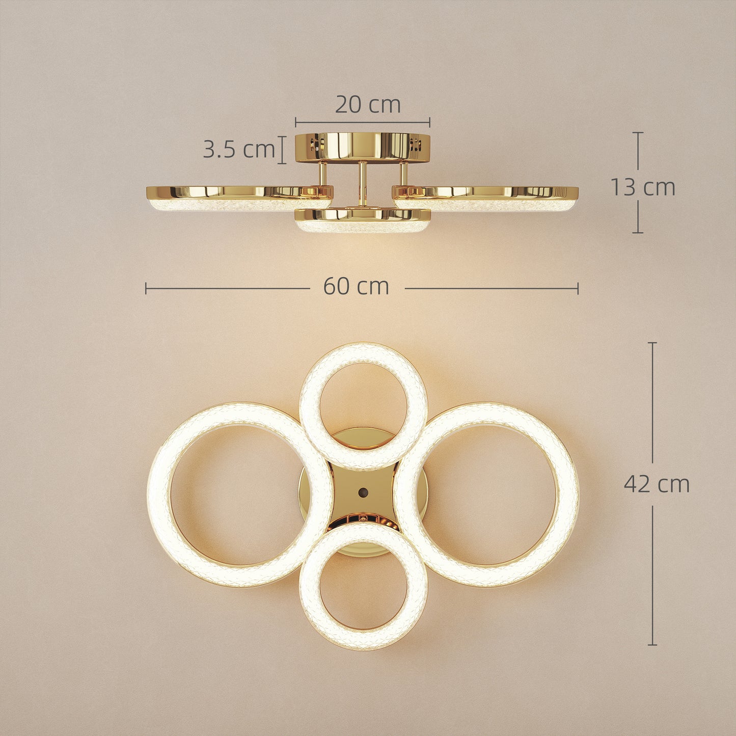 HOMCOM LED Ceiling Light 4 Ring Modern Flush Mount With Wall Switch Control 40W 4350lm 3500K 4500K 6000K Gold Tone