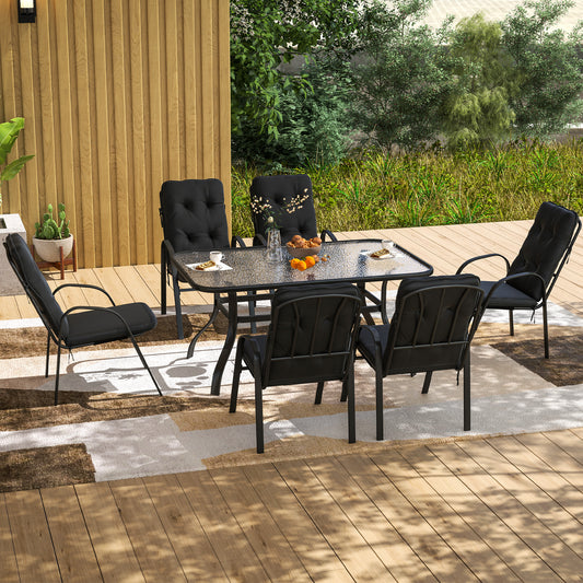 Outsunny Seven Piece Garden Dining Set With Cushions Black Steel Frame And Tempered Glass Table