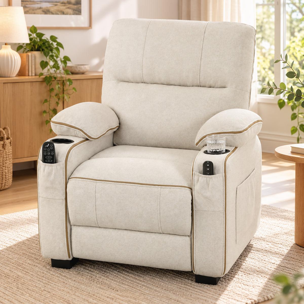 Beige electric massage recliner chair with two side armrest controls